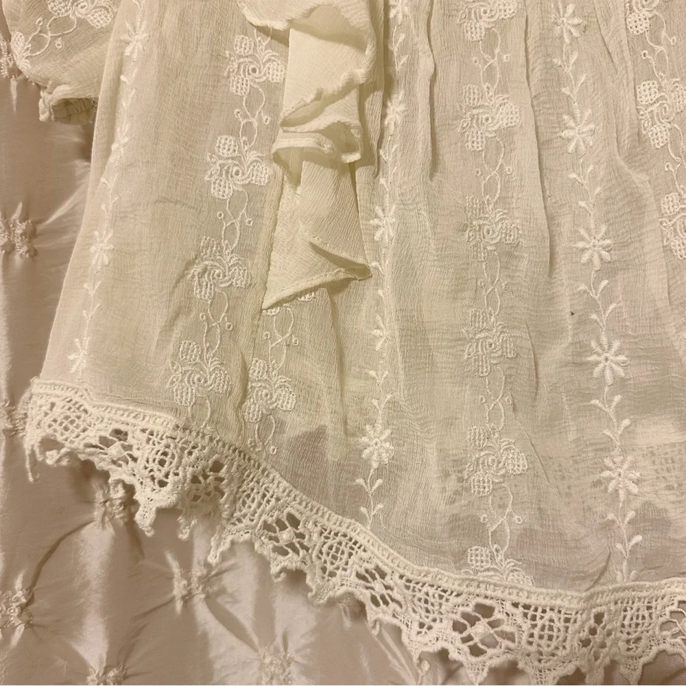 Free People Cream Lace Peasant Blouse with Ruffled Shoulders